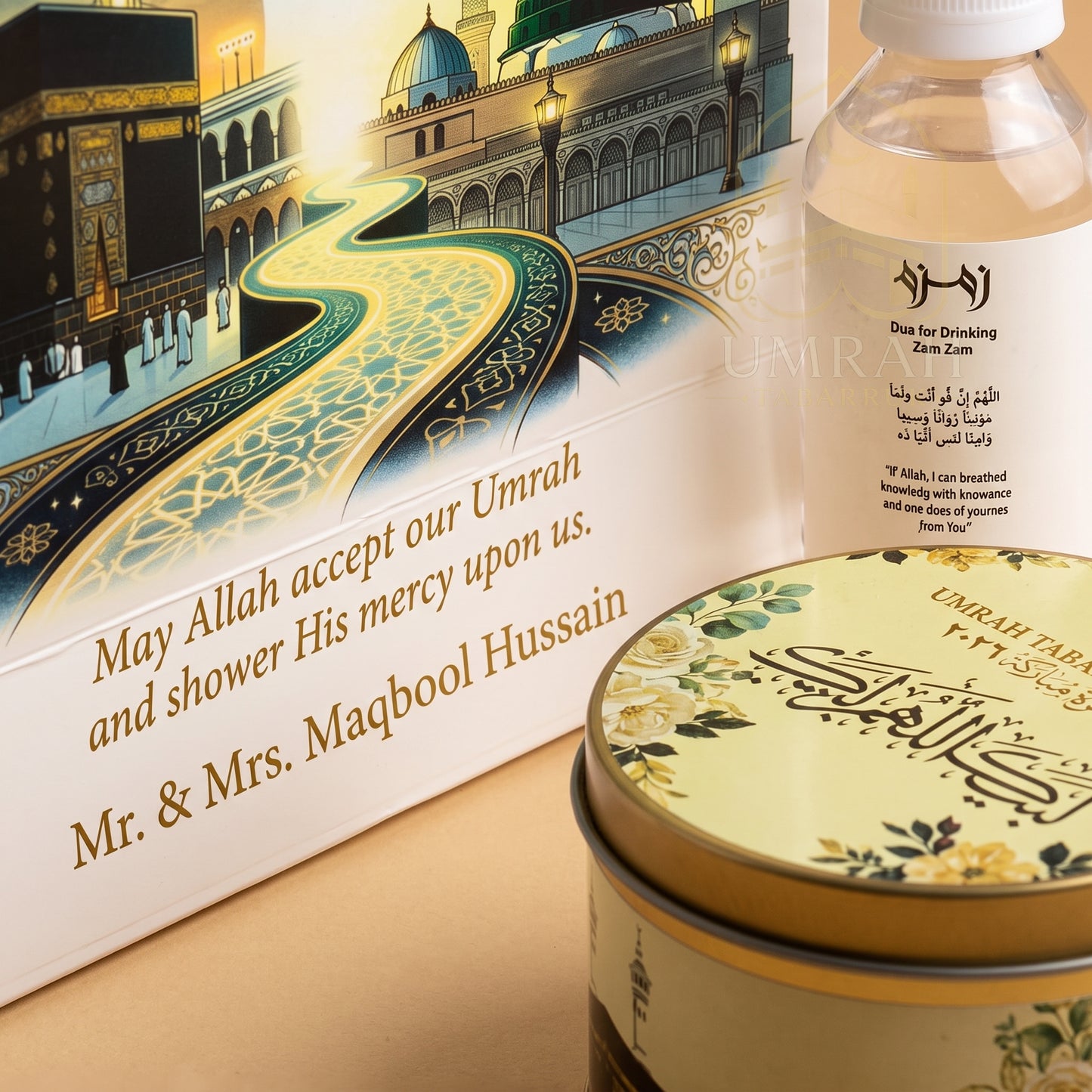 Premium Umrah Tabaruk Gift Set – Gift Bag + Zamzam Bottle + Premium Tin Box