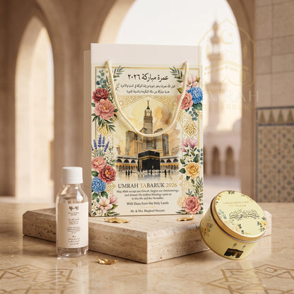 Premium Umrah Tabaruk Gift Set – Gift Bag + Zamzam Bottle + Premium Tin Box