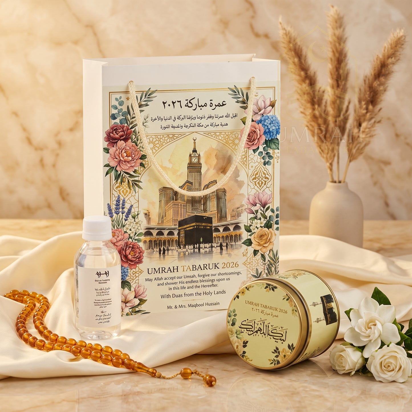 Premium Umrah Tabaruk Gift Set – Gift Bag + Zamzam Bottle + Premium Tin Box