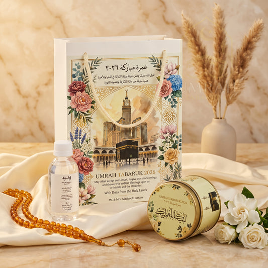 Premium Umrah Tabaruk Gift Set – Gift Bag + Zamzam Bottle + Premium Tin Box