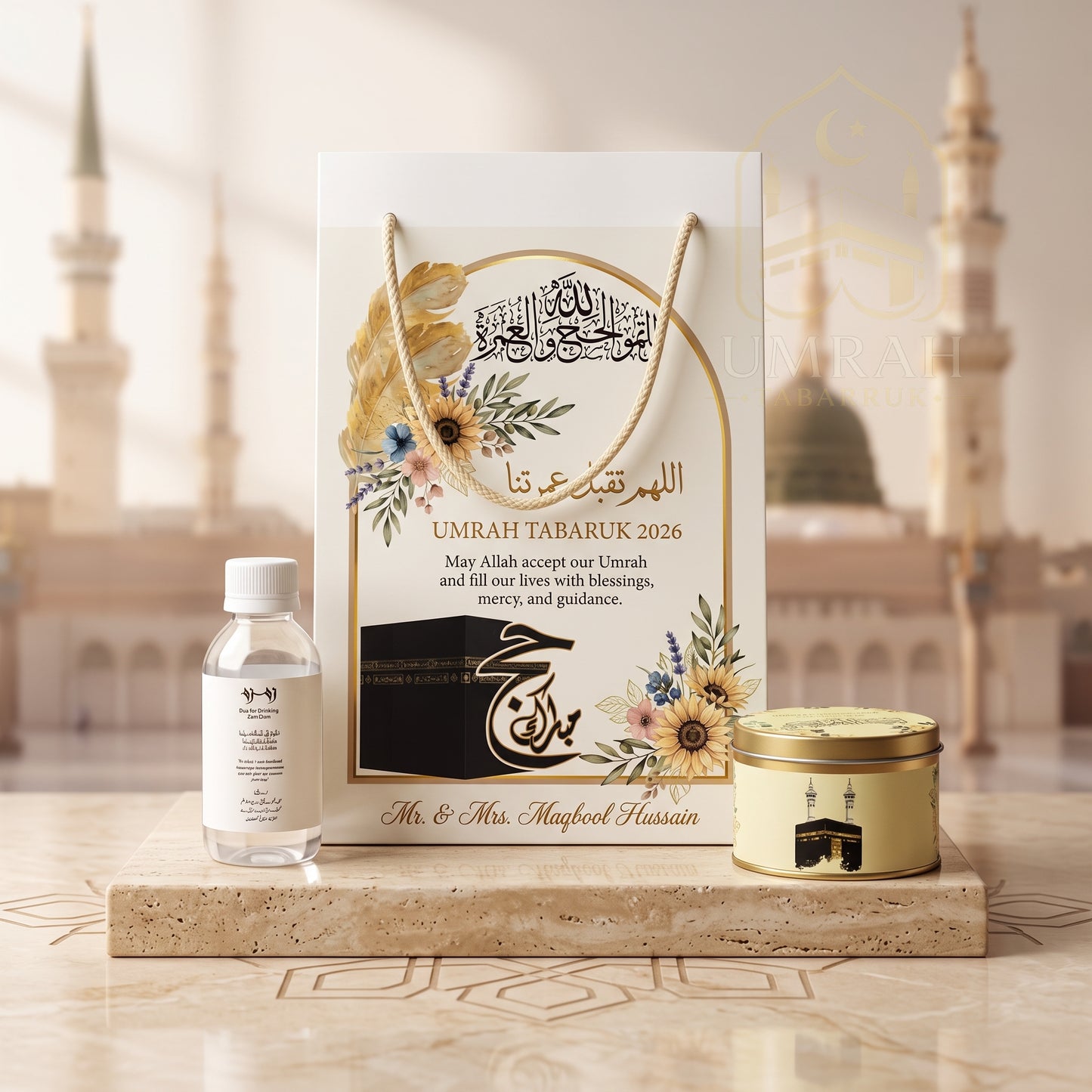 Premium Umrah Tabaruk Gift Set – Gift Bag + Zamzam Bottle + Premium Tin Box