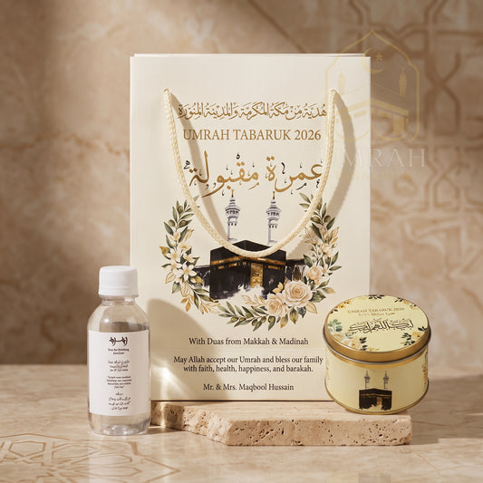 Premium Umrah Tabaruk Gift Set – Gift Bag + Zamzam Bottle + Premium Tin Box
