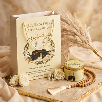 Premium Umrah Tabaruk Gift Set – Gift Bag + Zamzam Bottle + Premium Tin Box