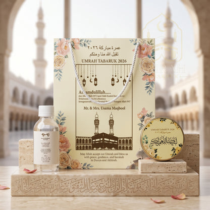 Premium Umrah Tabaruk Gift Set – Gift Bag + Zamzam Bottle + Premium Tin Box