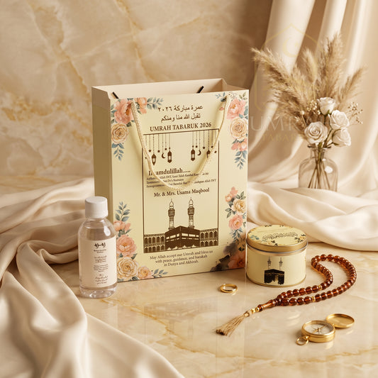 Premium Umrah Tabaruk Gift Set – Gift Bag + Zamzam Bottle + Premium Tin Box