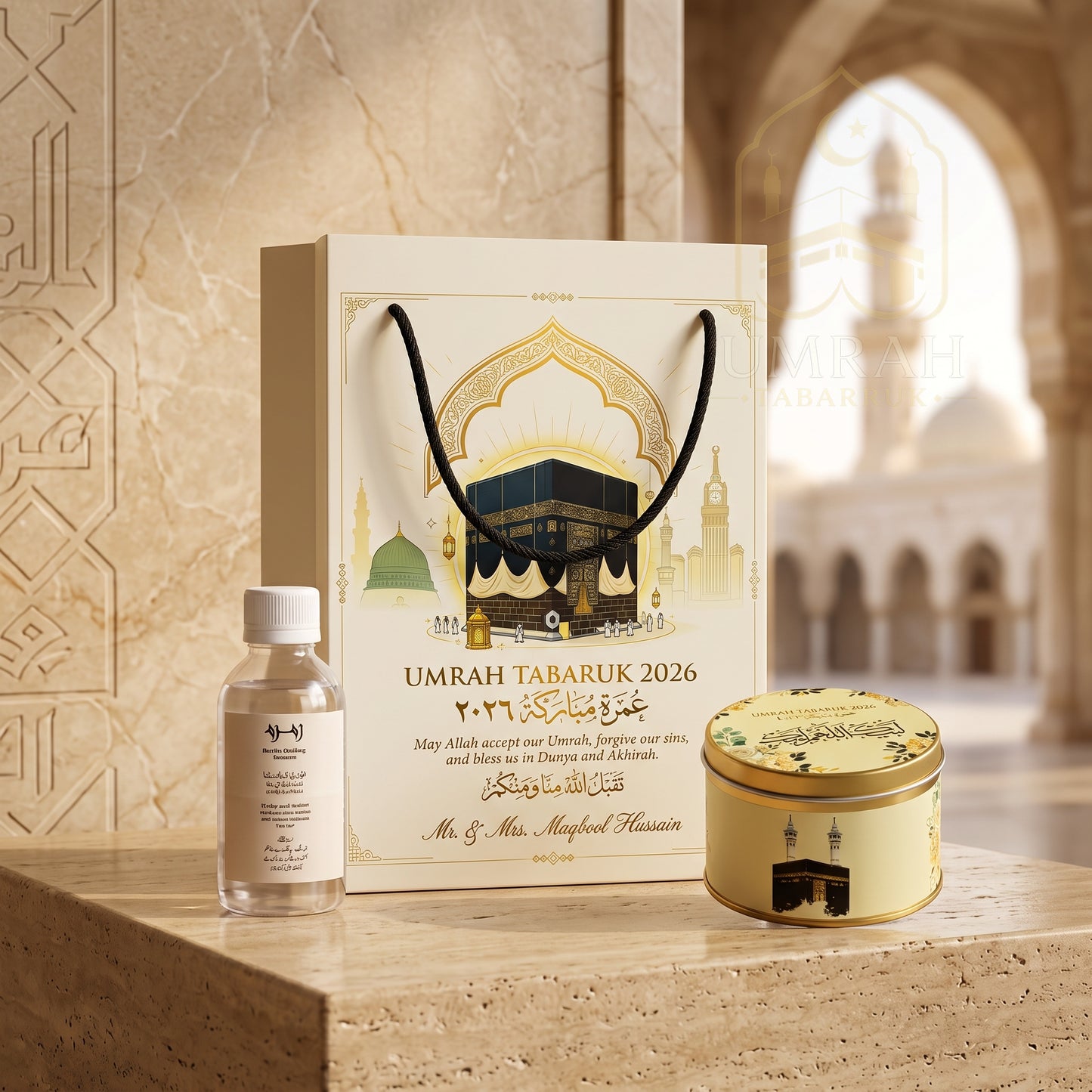 Premium Umrah Tabaruk Gift Set – Gift Bag + Zamzam Bottle + Premium Tin Box