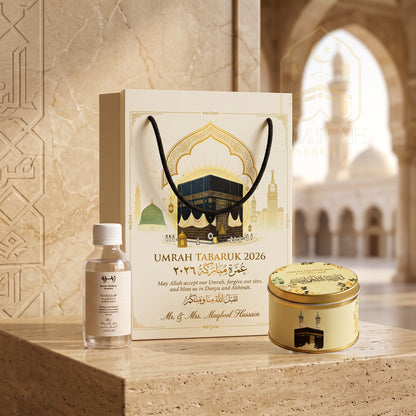 Premium Umrah Tabaruk Gift Set – Gift Bag + Zamzam Bottle + Premium Tin Box