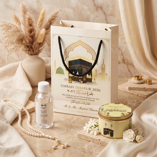 Premium Umrah Tabaruk Gift Set – Gift Bag + Zamzam Bottle + Premium Tin Box