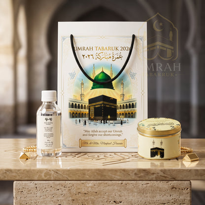 Premium Umrah Tabaruk Gift Set – Gift Bag + Zamzam Bottle + Premium Tin Box
