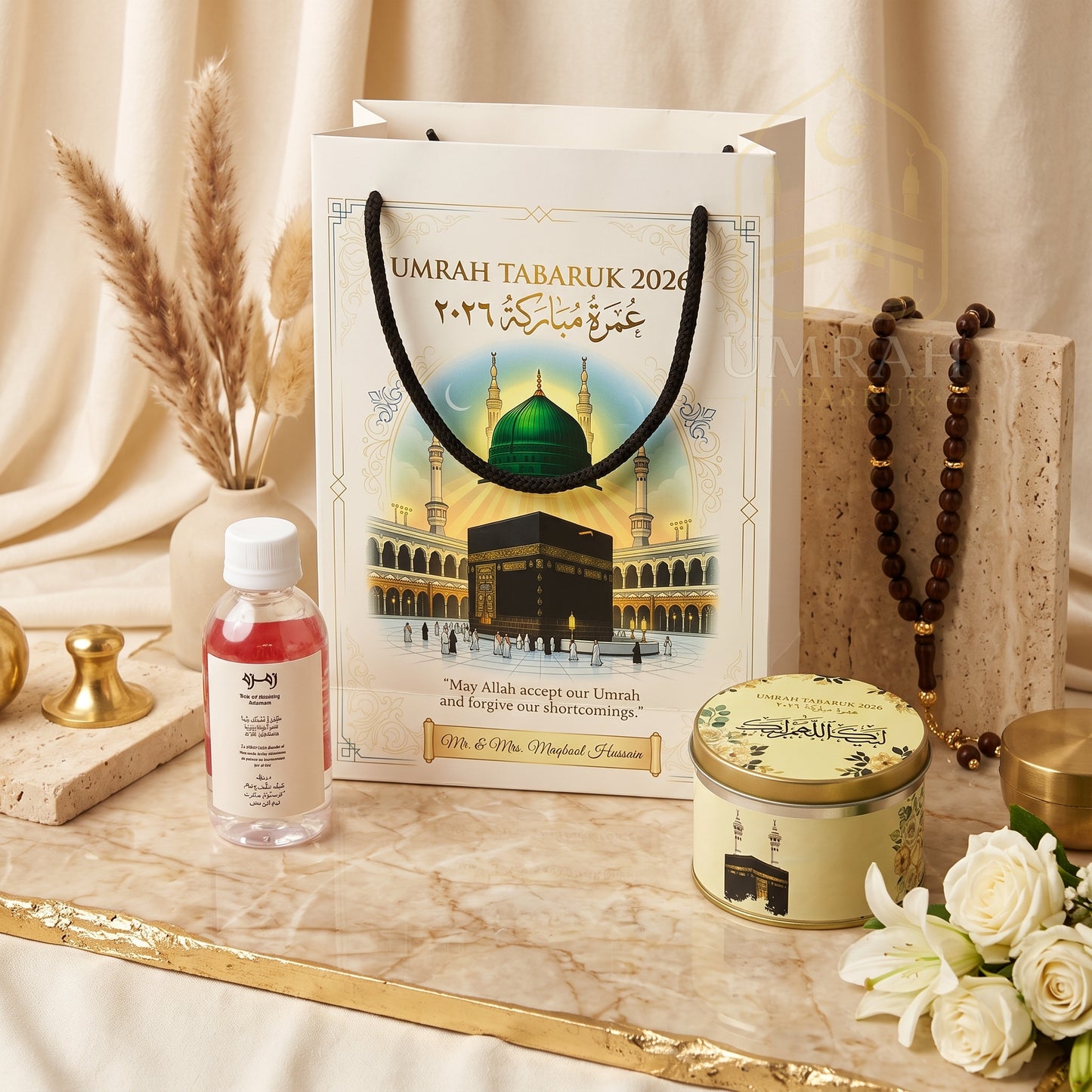 Premium Umrah Tabaruk Gift Set – Gift Bag + Zamzam Bottle + Premium Tin Box