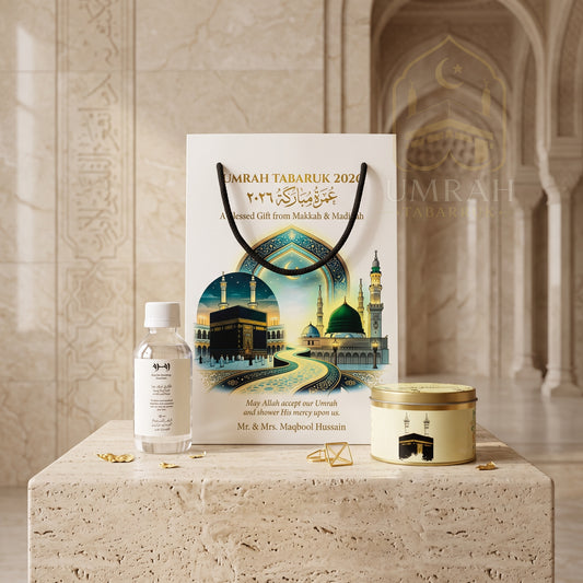 Premium Umrah Tabaruk Gift Set – Gift Bag + Zamzam Bottle + Premium Tin Box