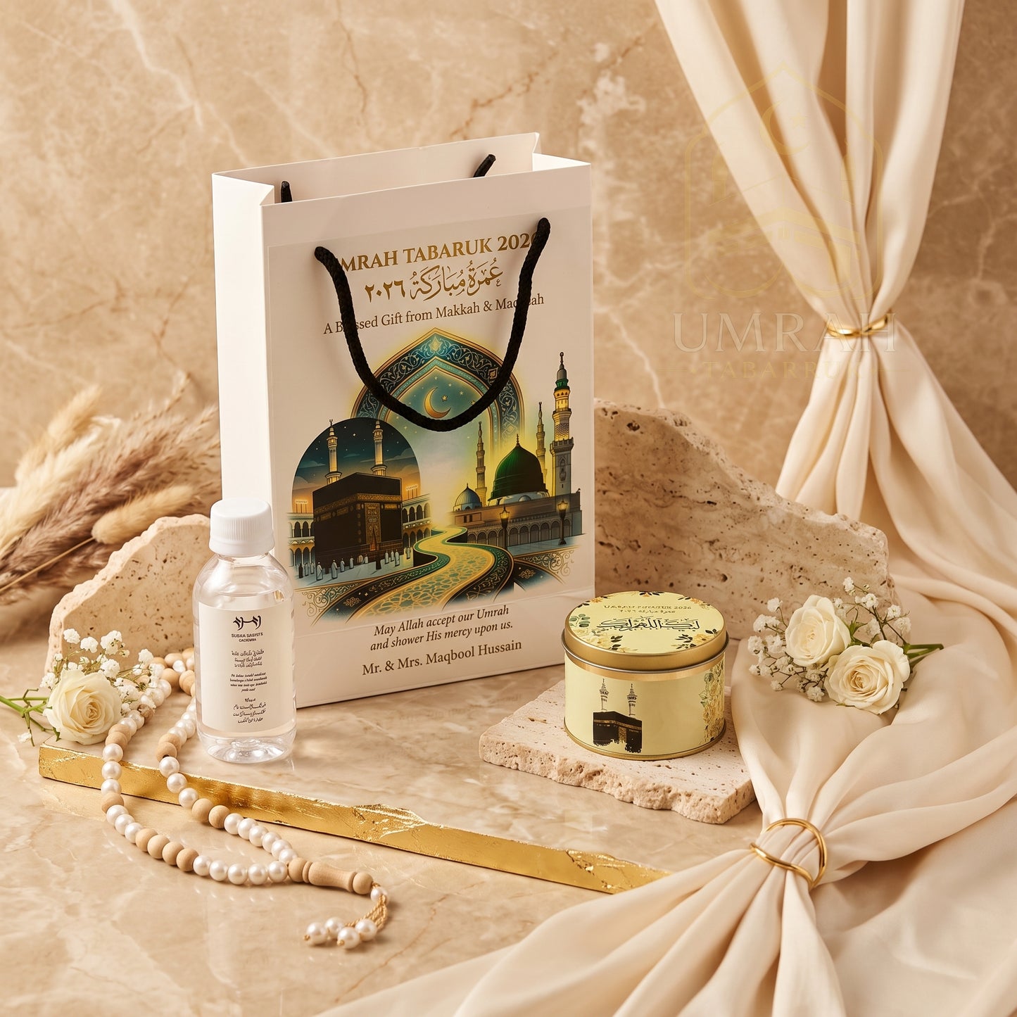 Premium Umrah Tabaruk Gift Set – Gift Bag + Zamzam Bottle + Premium Tin Box