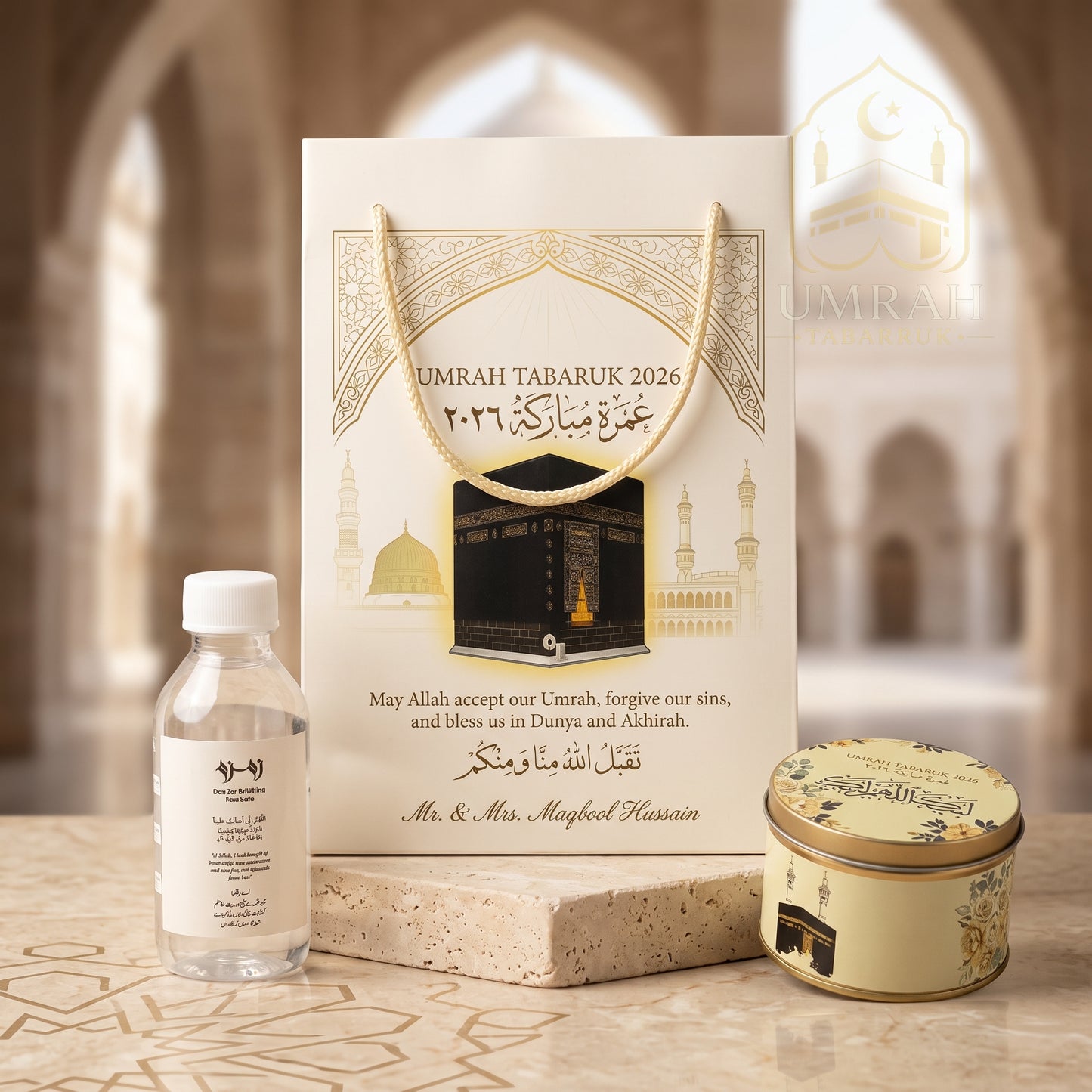 Premium Umrah Tabaruk Gift Set – Gift Bag + Zamzam Bottle + Premium Tin Box