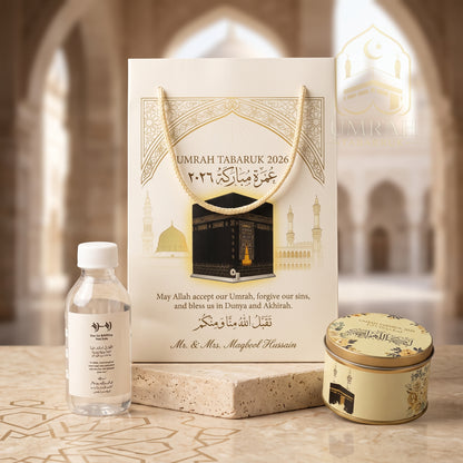 Premium Umrah Tabaruk Gift Set – Gift Bag + Zamzam Bottle + Premium Tin Box