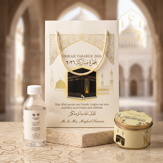 Premium Umrah Tabaruk Gift Set – Gift Bag + Zamzam Bottle + Premium Tin Box