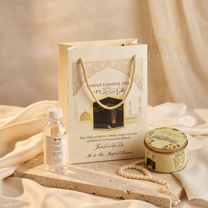 Premium Umrah Tabaruk Gift Set – Gift Bag + Zamzam Bottle + Premium Tin Box