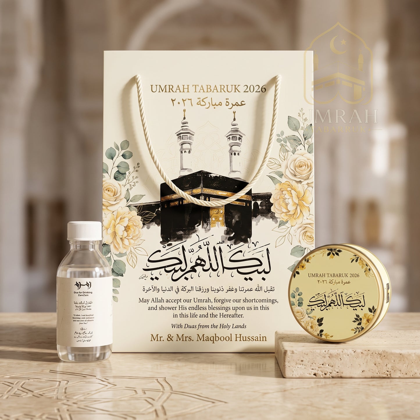 Premium Umrah Tabaruk Gift Set – Gift Bag + Zamzam Bottle + Premium Tin Box