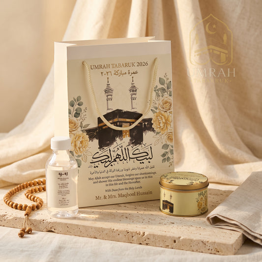 Premium Umrah Tabaruk Gift Set – Gift Bag + Zamzam Bottle + Premium Tin Box