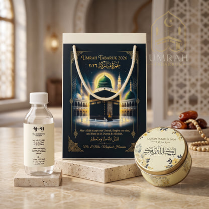 Premium Umrah Tabaruk Gift Set – Gift Bag + Zamzam Bottle + Premium Tin Box