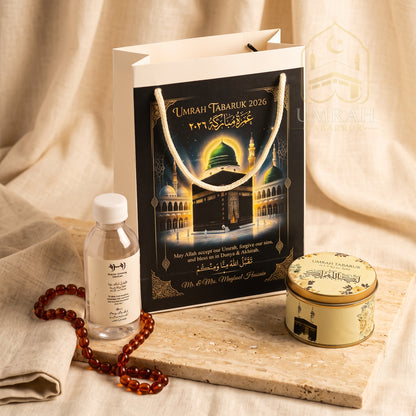 Premium Umrah Tabaruk Gift Set – Gift Bag + Zamzam Bottle + Premium Tin Box