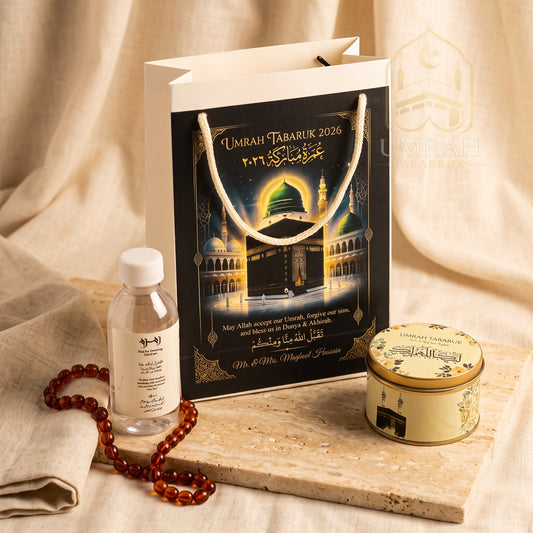 Premium Umrah Tabaruk Gift Set – Gift Bag + Zamzam Bottle + Premium Tin Box