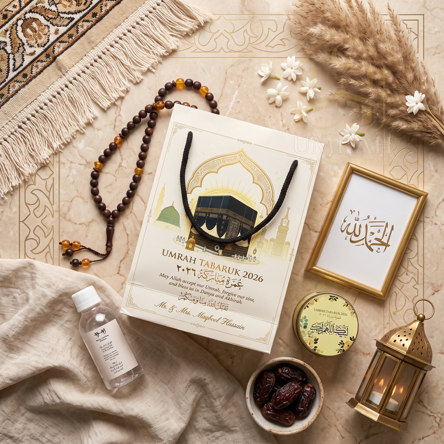 Premium Umrah Tabaruk Gift Set – Gift Bag + Zamzam Bottle + Premium Tin Box