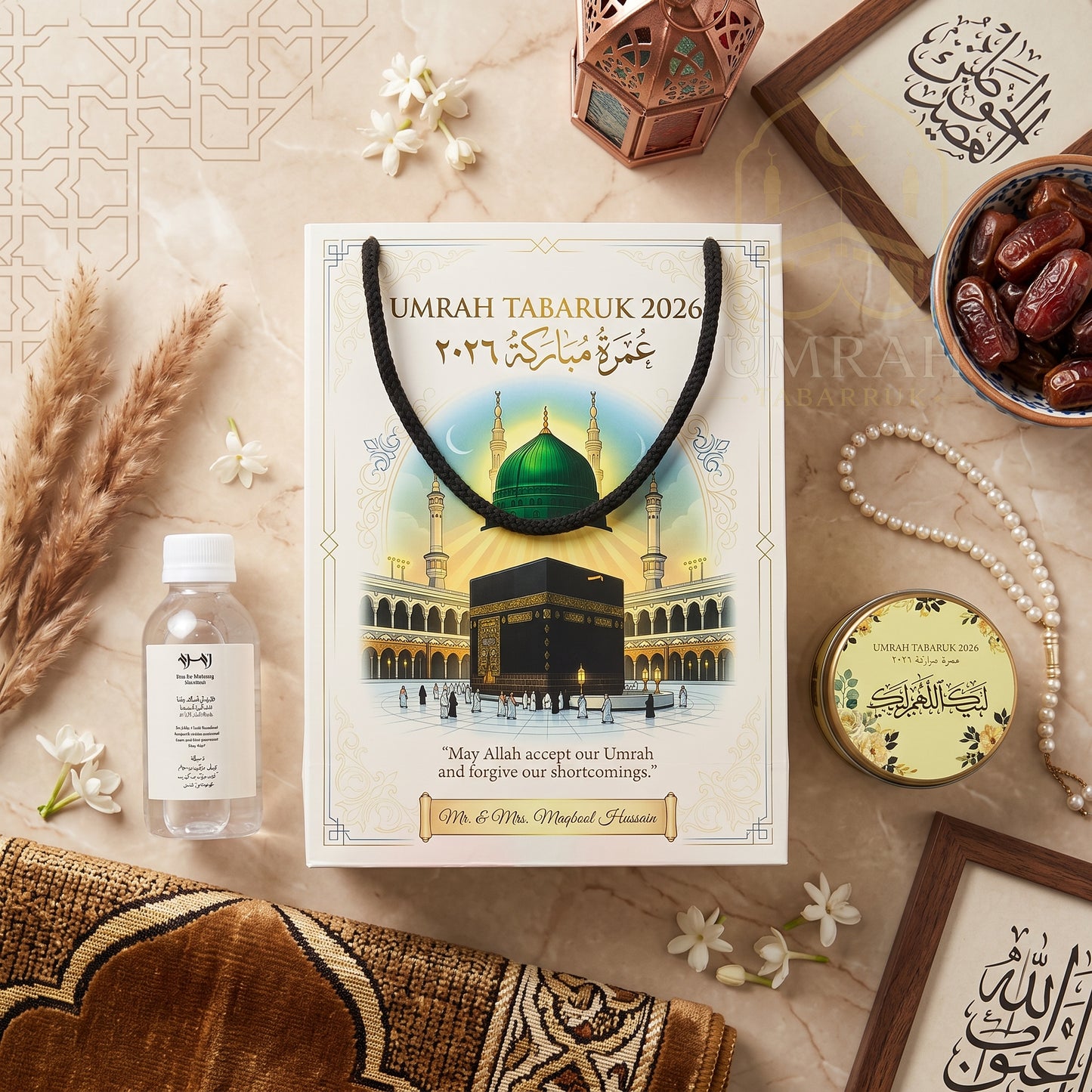 Premium Umrah Tabaruk Gift Set – Gift Bag + Zamzam Bottle + Premium Tin Box