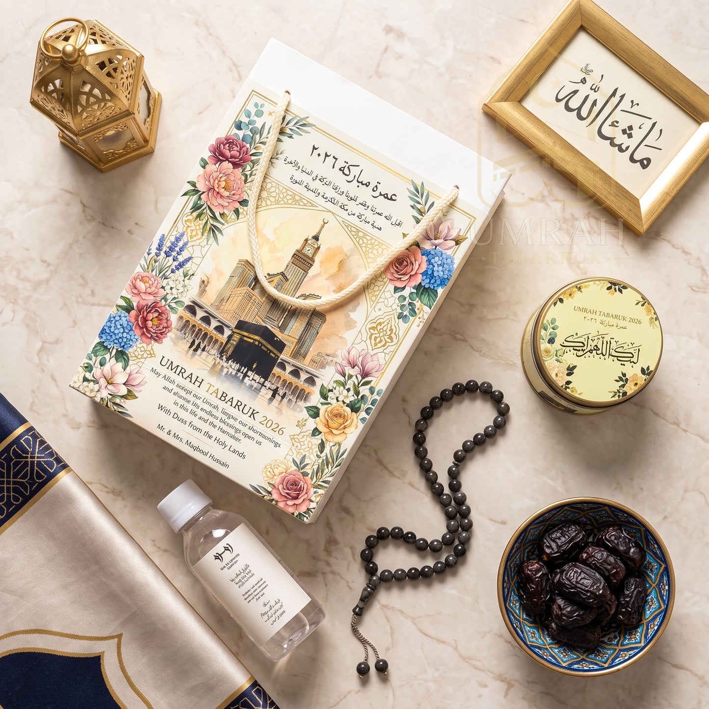 Premium Umrah Tabaruk Gift Set – Gift Bag + Zamzam Bottle + Premium Tin Box