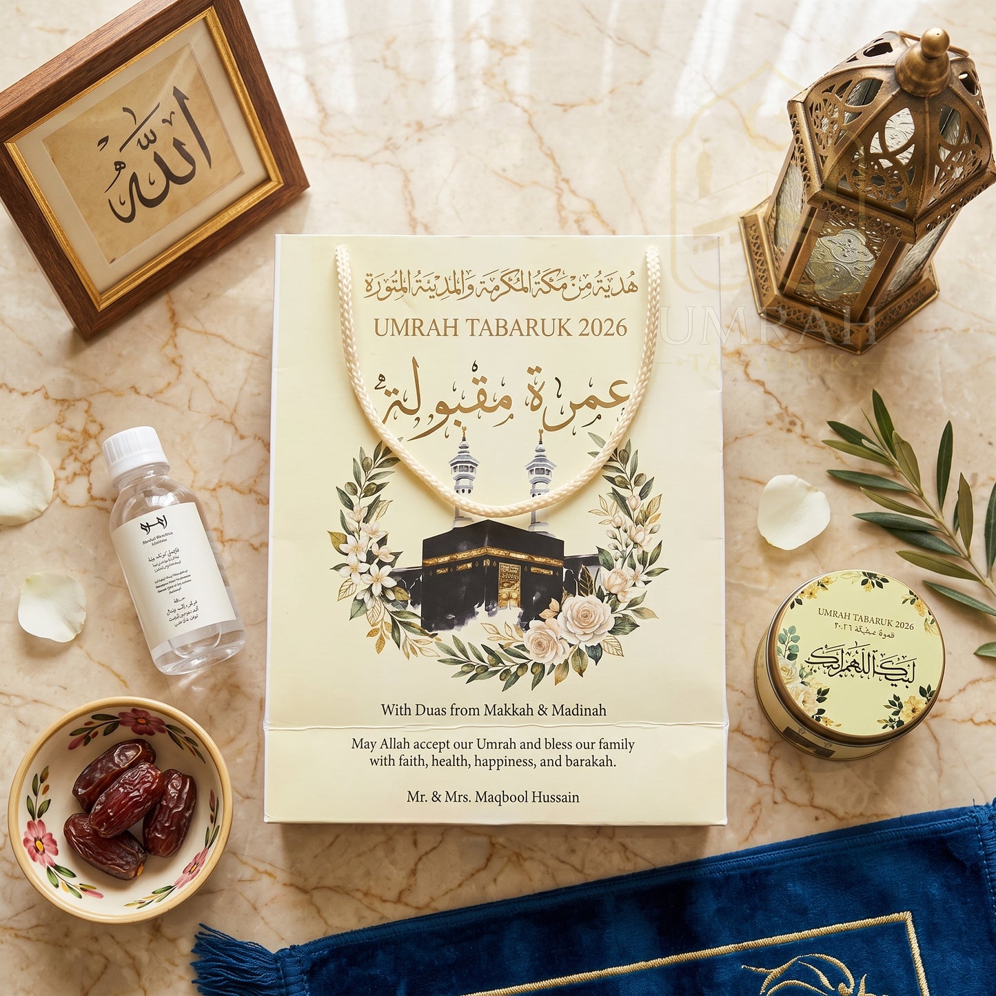 Premium Umrah Tabaruk Gift Set – Gift Bag + Zamzam Bottle + Premium Tin Box