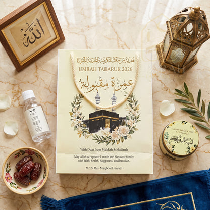 Premium Umrah Tabaruk Gift Set – Gift Bag + Zamzam Bottle + Premium Tin Box