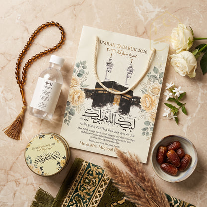 Premium Umrah Tabaruk Gift Set – Gift Bag + Zamzam Bottle + Premium Tin Box