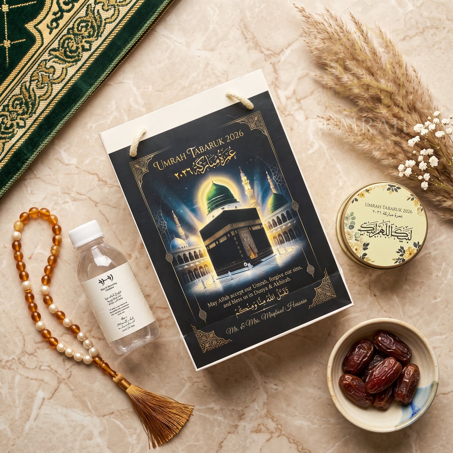 Premium Umrah Tabaruk Gift Set – Gift Bag + Zamzam Bottle + Premium Tin Box