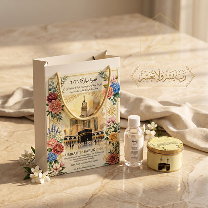 Premium Umrah Tabaruk Gift Set – Gift Bag + Zamzam Bottle + Premium Tin Box