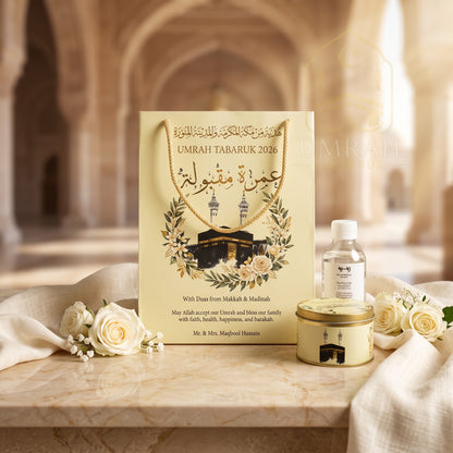 Premium Umrah Tabaruk Gift Set – Gift Bag + Zamzam Bottle + Premium Tin Box