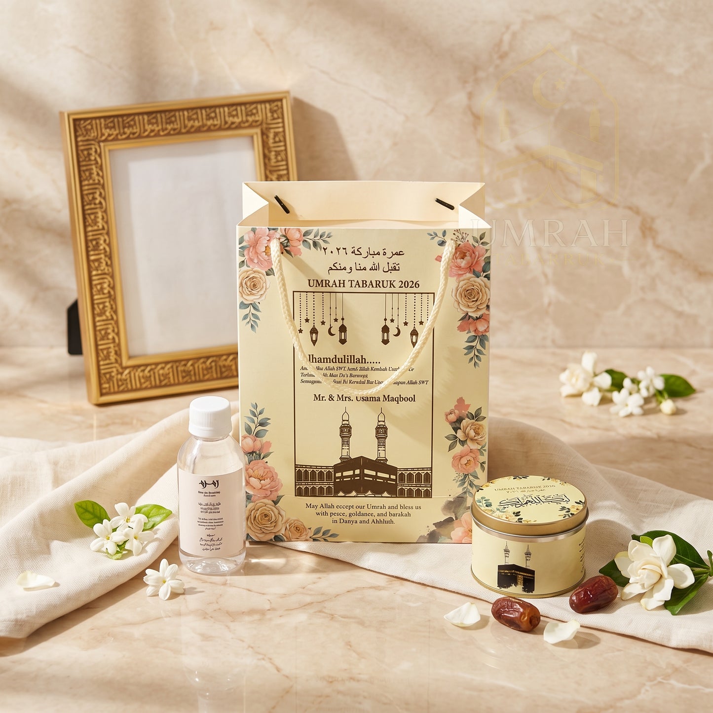 Premium Umrah Tabaruk Gift Set – Gift Bag + Zamzam Bottle + Premium Tin Box