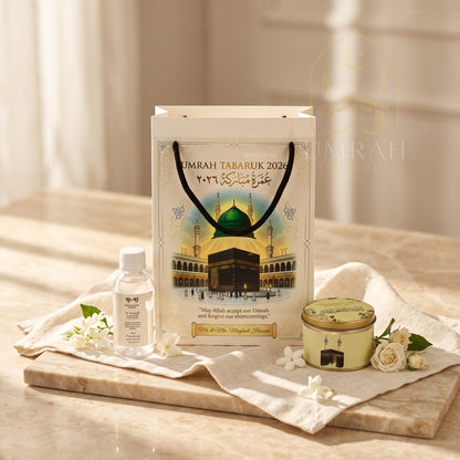 Premium Umrah Tabaruk Gift Set – Gift Bag + Zamzam Bottle + Premium Tin Box