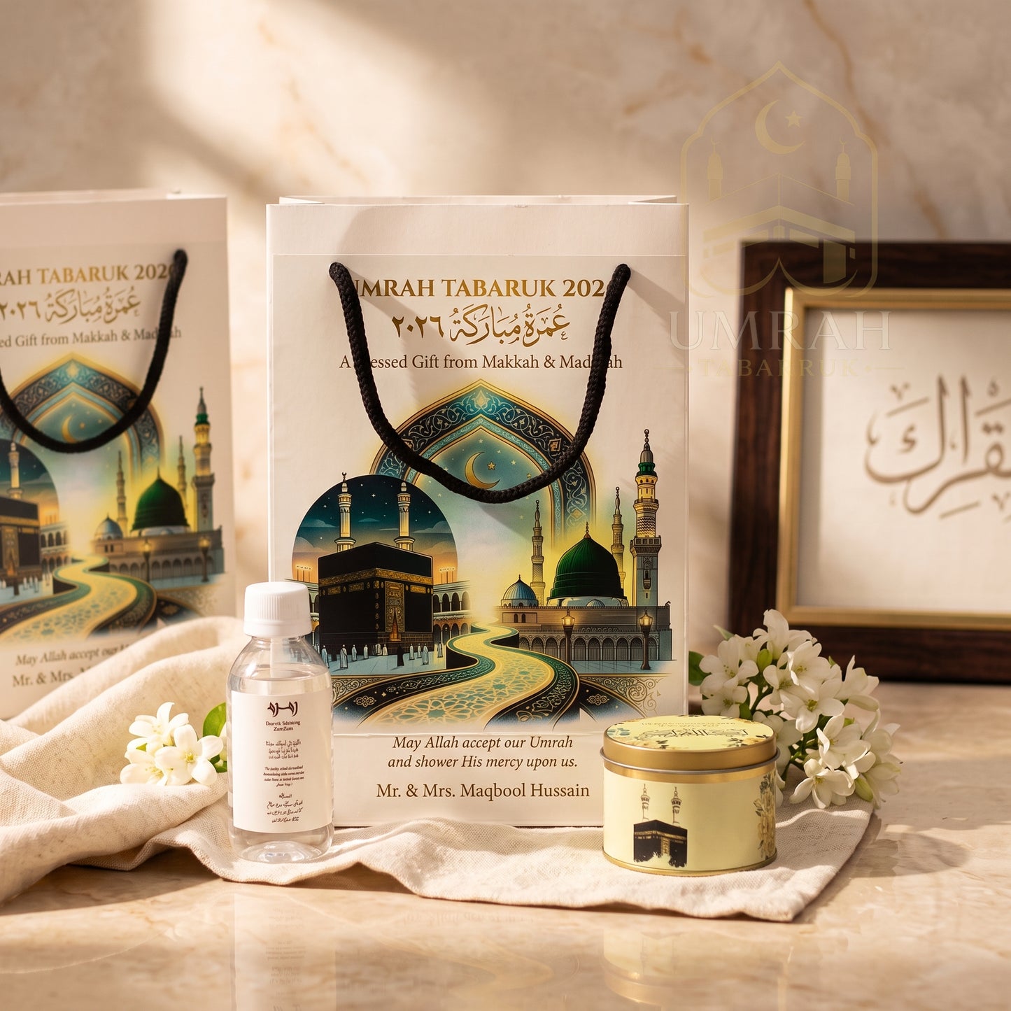 Premium Umrah Tabaruk Gift Set – Gift Bag + Zamzam Bottle + Premium Tin Box