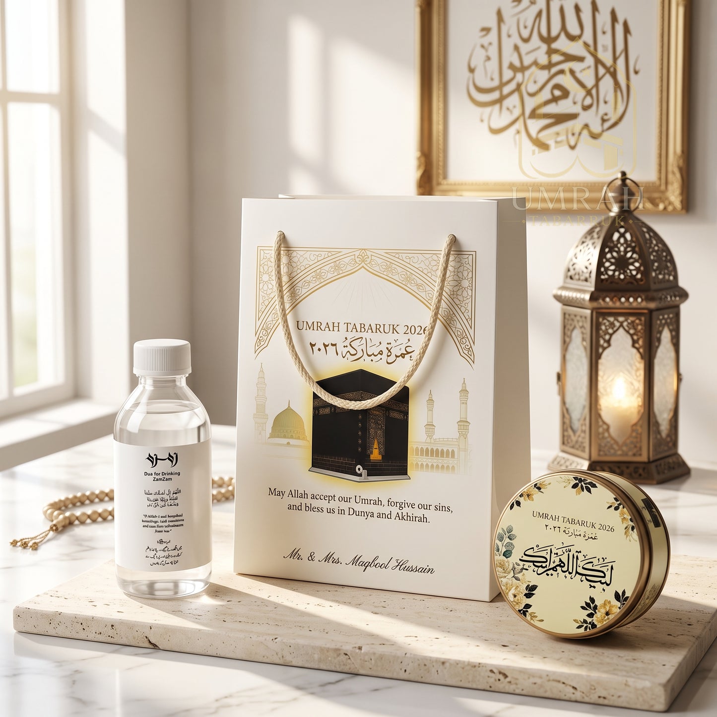 Premium Umrah Tabaruk Gift Set – Gift Bag + Zamzam Bottle + Premium Tin Box