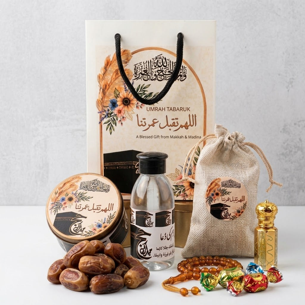 Premium Umrah Tabaruk Gift Set,  Zamzam Water, Dates, Attar & Islamic Gift Box