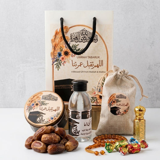 Premium Umrah Tabaruk Gift Set,  Zamzam Water, Dates, Attar & Islamic Gift Box