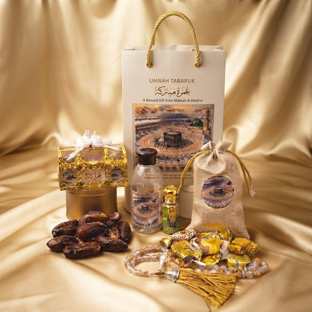 Elegant Umrah Tabarruk Gift Set – Premium Islamic Gift Hamper with Dates, Tasbih, Attar, Chocolates & Makkah-Madinah Keepsakes
