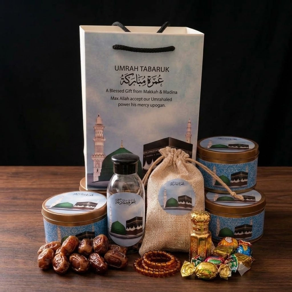 Premium Umrah Tabarruk Gift Set – Makkah & Madinah Gift Box with Dates, Zamzam, Attar & Tasbih
