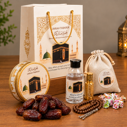 Premium Umrah Tabaruk Gift Set – Zamzam Water, Dates, Attar & Islamic Gift Box