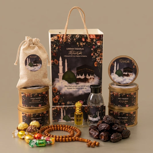 Luxury Umrah Tabarruk Gift Set – Premium Makkah & Madinah Gift Box with Dates, Zamzam, Attar & Tasbih