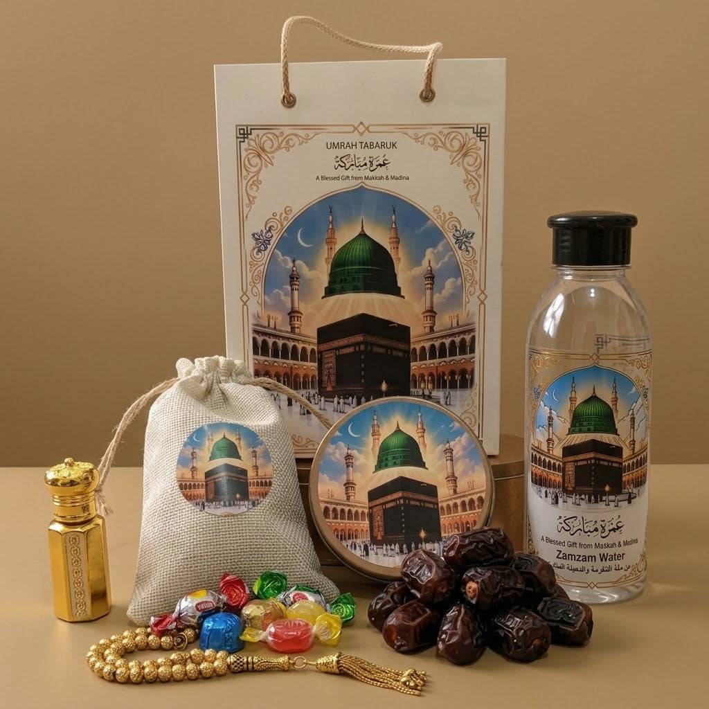 Luxury Umrah Tabarruk Gift Hamper – Zamzam Water, Dates, Tasbih & Premium Makkah Madinah Gift Set