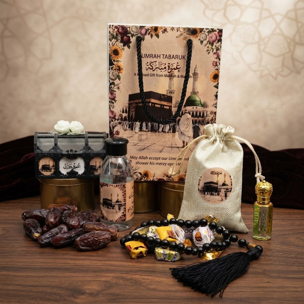 Premium Umrah Tabaruk Gift Set – Zamzam Bottle, Dates, Tasbeeh, Attar & Luxury Islamic Gift Bag