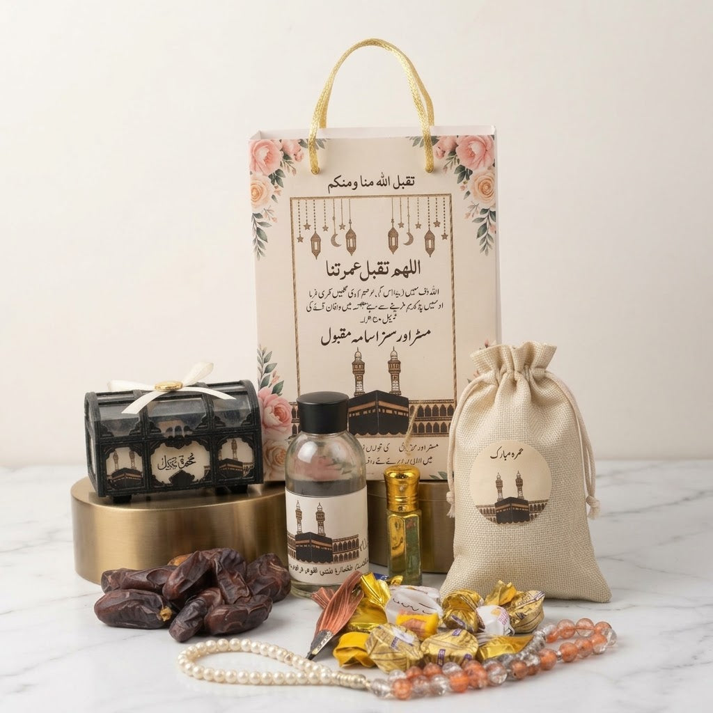 Premium Umrah Tabaruk Gift Set – Zamzam Bottle, Dates, Attar, Tasbeeh & Luxury Islamic Gift Bag