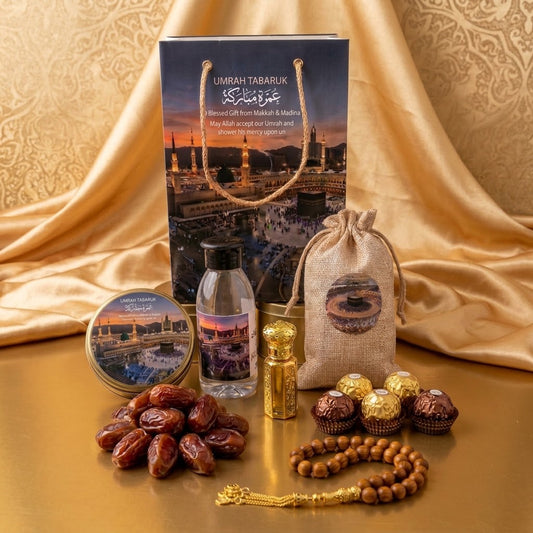 Elegant Umrah Tabarruk Hamper – Makkah & Madinah Gift Set with Zamzam, Dates, Tasbih & Chocolates