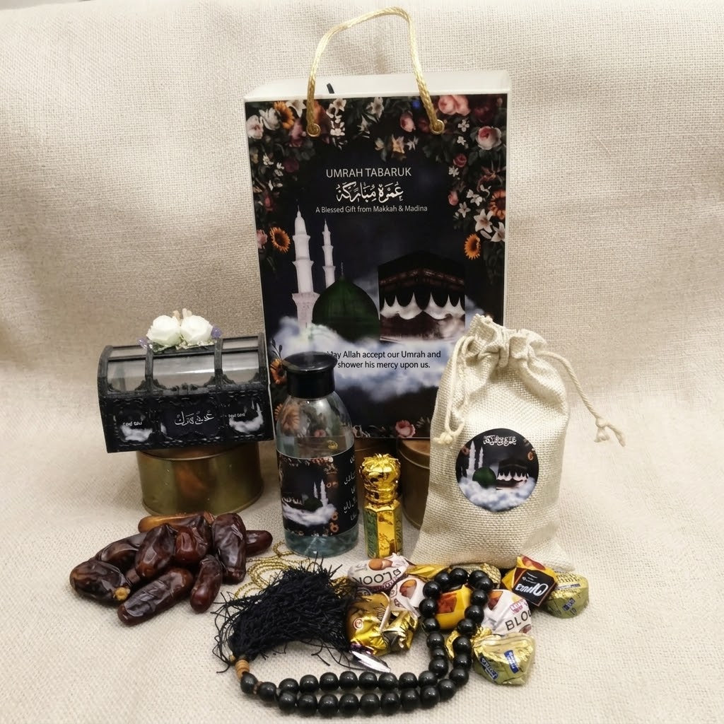 Luxury Umrah Tabarruk Gift Set – Makkah & Madinah Gift Bag with Dates, Tasbih & Perfume