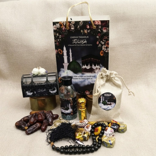 Luxury Umrah Tabarruk Gift Set – Makkah & Madinah Gift Bag with Dates, Tasbih & Perfume